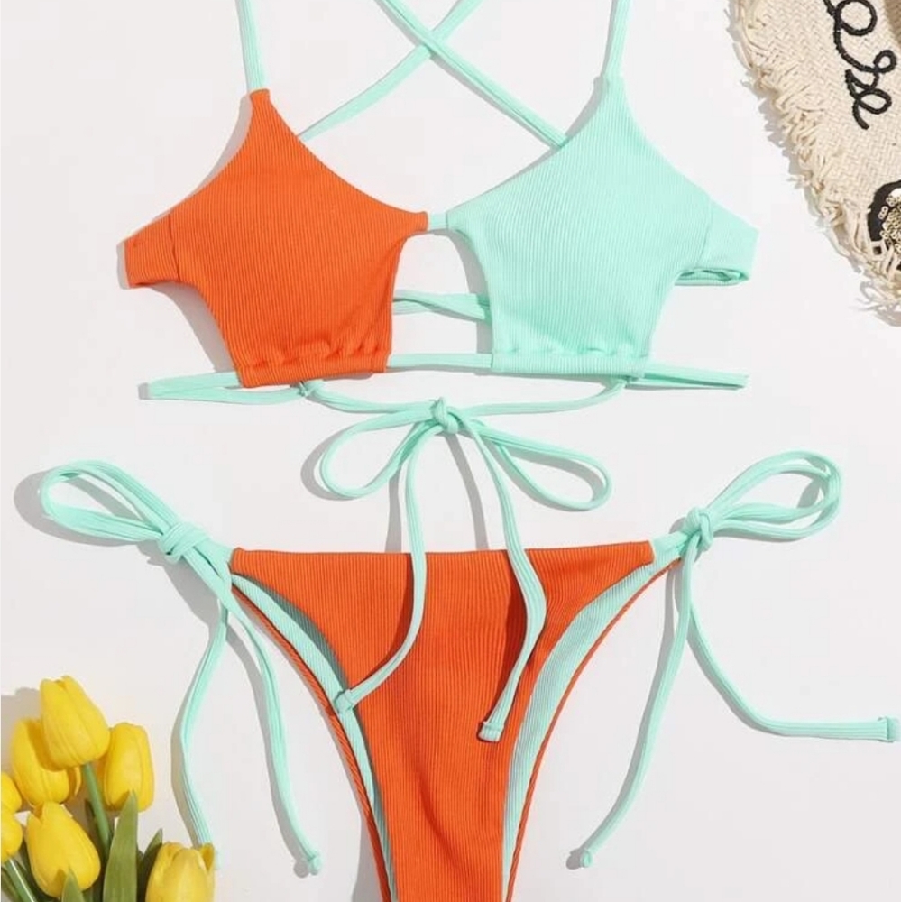 ROMWE Colorblock Cut Out Tie Side Bikini Swimsuit